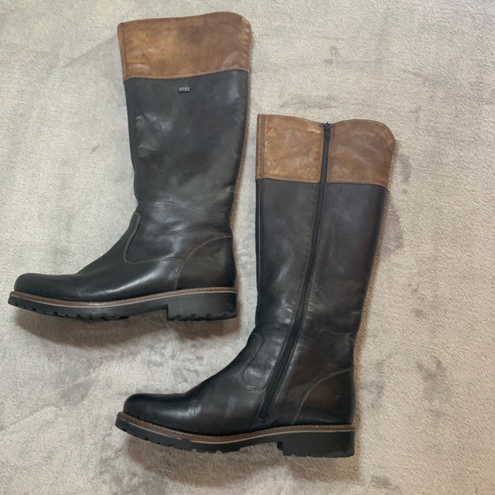 Remonte Black Brown Leather Tall Riding Boots size 11 Tex Water Repellent Lug